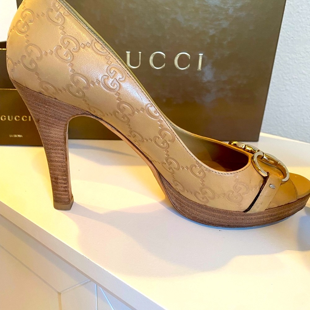 Gucci Monogram Web Horsebit Open-Toe Heel in Sand, Size 8-1/2